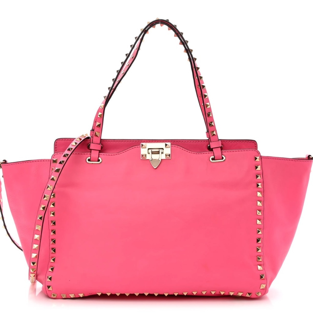 VALENTINO GARAVANI Vitello Medium Rockstud Tote Fuxia Fluo
